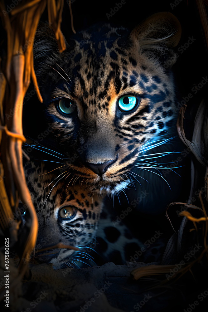 leopard at night in the jungle. predatory big cat. zoology and fauna. mammal