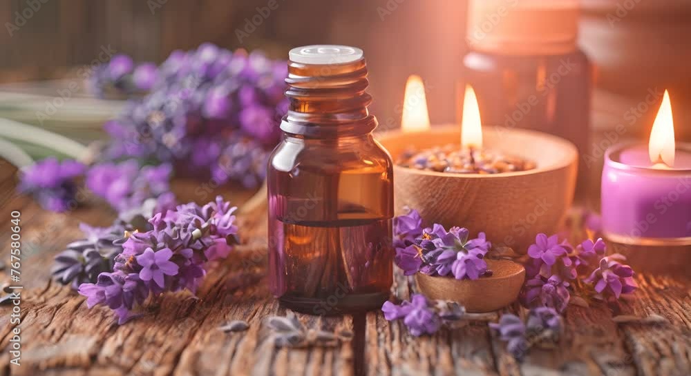 A cluster of lavender with essential oil, aromatic tranquility A cluster of lavender with essential oil, aromatic tranquility