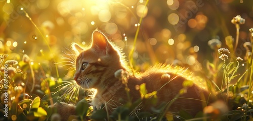 Sunlight filtering through foliage as a cat stalks a bird, its tail poised for pounce.  photo