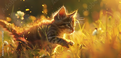 Sunlight filtering through foliage as a cat stalks a bird  its tail poised for pounce. 