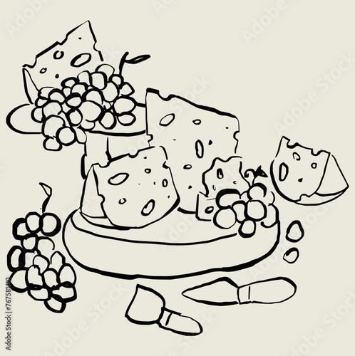 Tabla de quesos dibujada a mano. Boceto de quesos y uvas en mesa. Arte en líneas para diseño de invitaciones,  brunch, fiesta de cena, bodas, marca, restaurante.