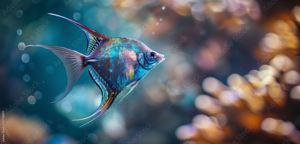 An iridescent angelfish gliding gracefully through crystal-clear waters, its fins trailing elegant patterns.  - obrazy, fototapety, plakaty 