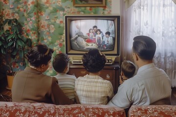 Old vintage photo of a family watching TV at home