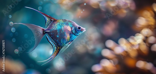 An iridescent angelfish gliding gracefully through crystal-clear waters, its fins trailing elegant patterns. 