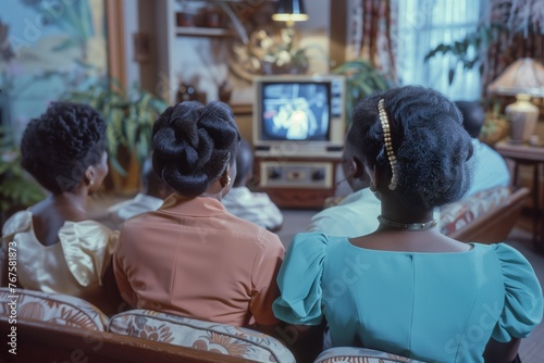 Old vintage photo of a family watching TV at home photo