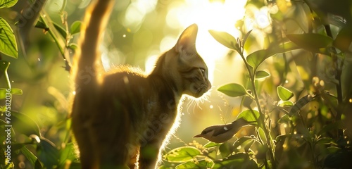 A stealthy cat crouched low in the grass, eyes fixed intently on a fluttering bird.  photo