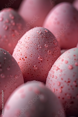 Close up on pink identical eggs, photo realistic macro photo, easter time, pink background