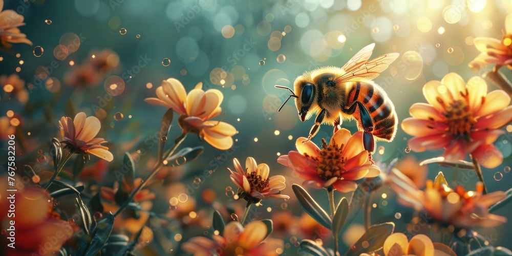 Bees actively aiding in the growth and pollinating the plants. Generative Ai - obrazy, fototapety, plakaty 