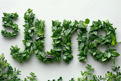 "5 June" spelled out in a bold, eco-friendly font made entirely of green leaves, contrasting beautifully against a white background, offering a serene and clean representation of World Environment Day