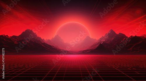 Red grid floor line on glow neon night red background with glow red sun, Synthwave cyberspace background, concert poster, rollerwave, technological design, shaped canvas, smokey cloud wave background.