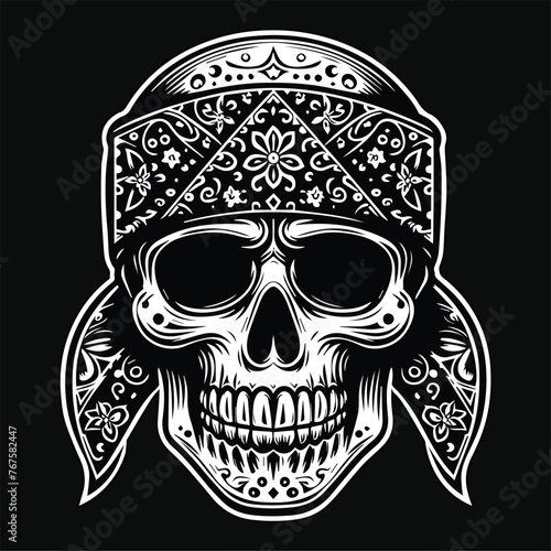 Dark Art Bandana Skull Head with Slayer Black and White Illustration