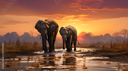 two African elephants walk along the savannah against the backdrop of sunset. mammals and wildlife