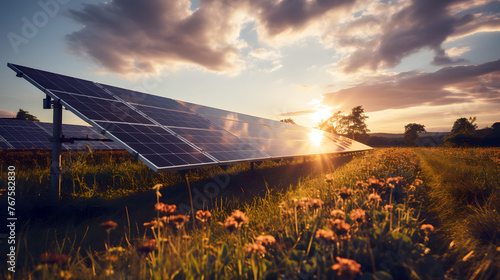 solar energy panels in a field at sunset. renewable energy concept. ecology. energy industry #767582830