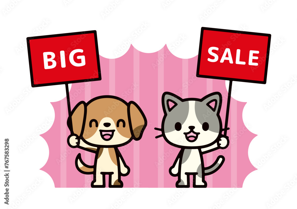 Illustration of dog and cat characters holding a sale sign Illustration of dog and cat characters holding a sale sign