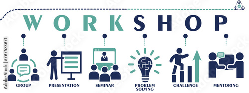Workshop banner web solid icons. Vector illustration concept including icon as group, presentation, seminar, problem solving, challenge and mentoring