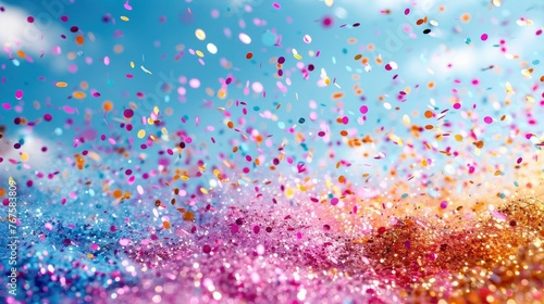 A vibrant burst of confetti fills the air against a clear blue sky, creating a festive and joyful atmosphere. 