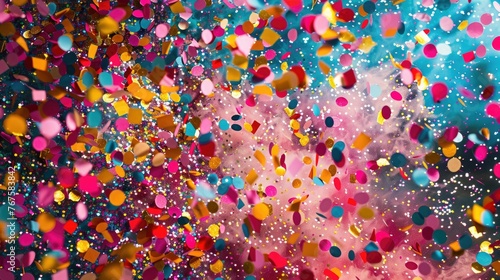 A dynamic and colorful background of confetti explosion, depicting a festive and celebratory atmosphere.  © komgritch