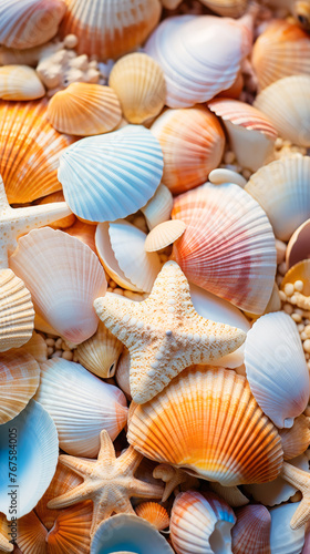 A collection of seashells and a starfish are scattered on a beach. The shells come in various sizes and colors  creating a vibrant and lively scene. The starfish is the focal point of the image
