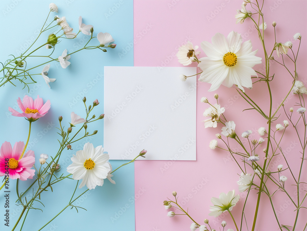 A creative flat lay of colorful flowers and a blank white card on a pastel blue and pink background, ideal for spring themes.