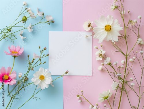 A creative flat lay of colorful flowers and a blank white card on a pastel blue and pink background, ideal for spring themes.