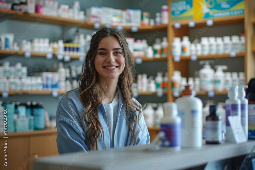 Professional Photography of a Friendly Pharmacy Shop Assistant Standing Behind The Counter, Generative AI Professional Photography of a Friendly Pharmacy Shop Assistant Standing Behind The Counter, Generative AI