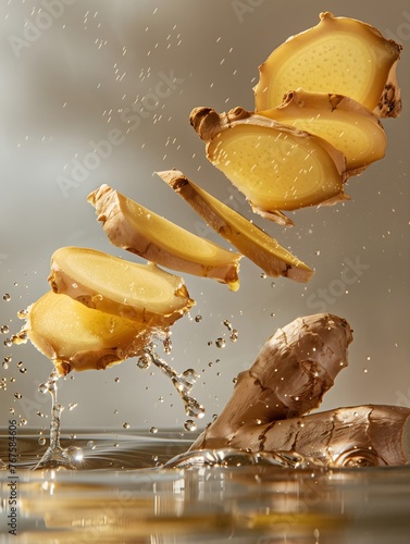 a ginger slice mid-air, moments before it hits the water surface, against a backdrop of soft, muted colors for a sophisticated, commercial look