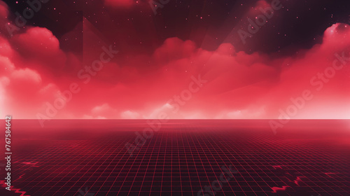 Red grid floor line on glow neon night red background with glow red sun, Synthwave cyberspace background, concert poster, rollerwave, technological design, shaped canvas, smokey cloud wave background. photo