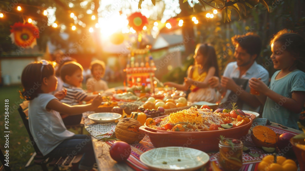 Garden Party Celebrations at Sunset, friends gather around a rustic table, Cinco de Mayo decorations & sumptuous food, string lights backyard garden at sunset Mexico Holiday