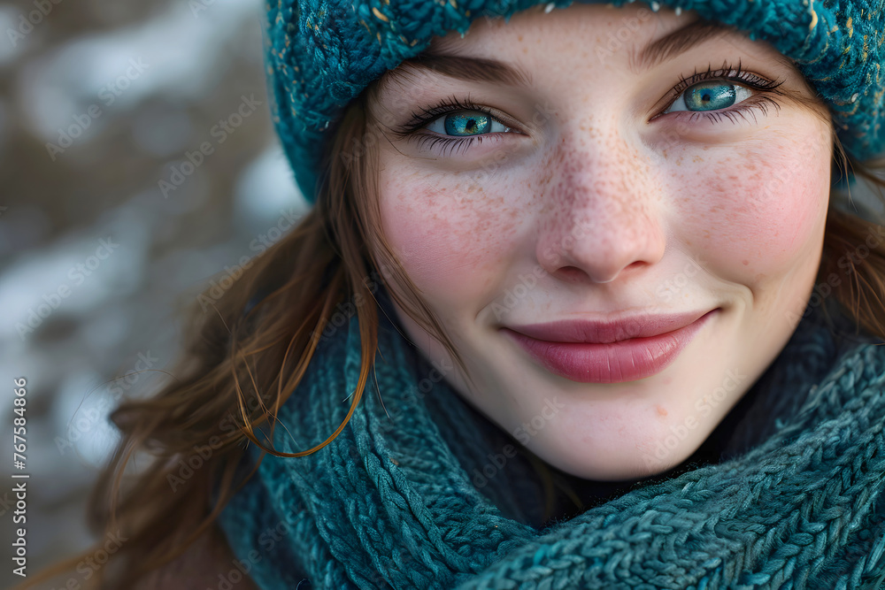 portrait of a very beautiful young woman with freckles in a warm knitted scarf. beauty seasonal fashion portrait of a very beautiful young woman with freckles in a warm knitted scarf. beauty seasonal fashion