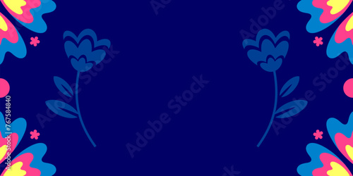 Floral background. Vector web banner, poster, card for social media, networks. Frame of flowers on blue background. Asian Pacific American Heritage Month background.