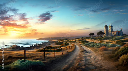 road outside the city against the backdrop of a mountain landscape at sunset