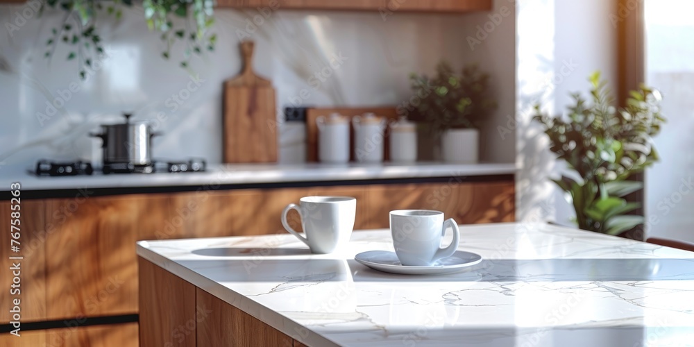 Modern kitchen island countertop with coffee set. Generative Ai