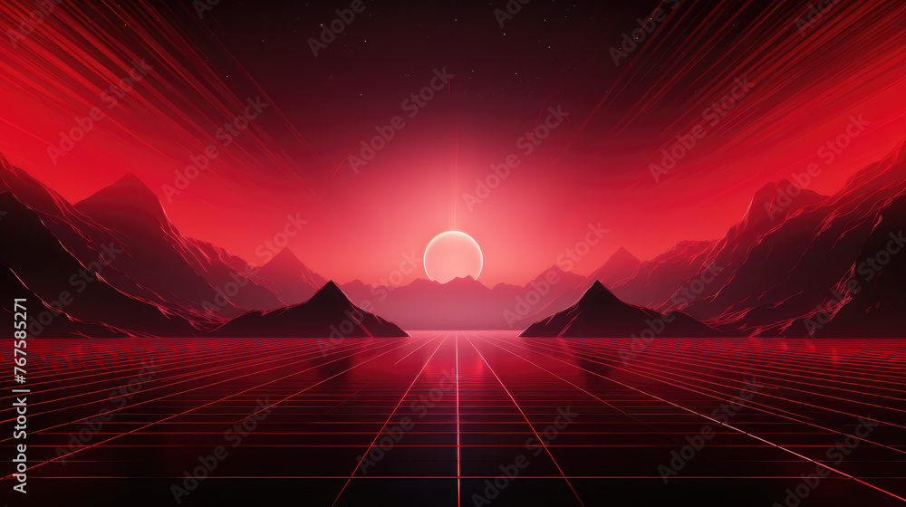 Red grid floor line on glow neon night red background with glow red sun, Synthwave cyberspace background, concert poster, rollerwave, technological design, shaped canvas, smokey cloud wave background. - obrazy, fototapety, plakaty 