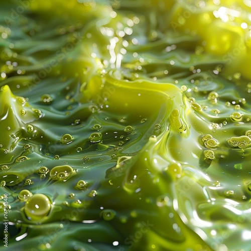 Biofuel production from algae, vibrant green, closeup, soft backlight soft shadowns