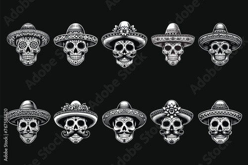 Dark Art Mexican Skull Head with Traditional Hat Black and White Illustration