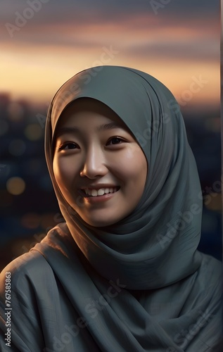 hyper realistic cinematography of a smiling beautiful korean woman widened draped in hijab, illuminated by a single light. cinematic scene photo