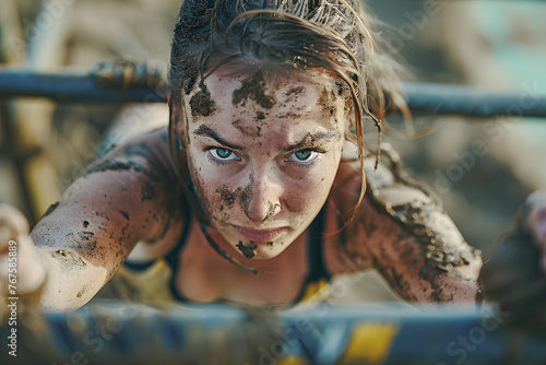 女性たちが障害物レースで泥だらけでスパルタの競技を戦っている	
 photo
