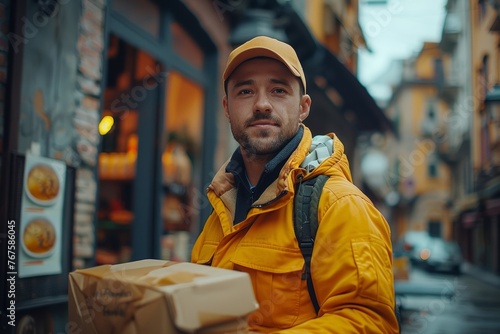 Food delivery man in a yellow jacket on a city street, reliable and professional.