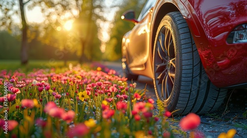 summer tires in the blooming spring in the sun - time for summer tires