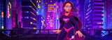 Superwoman on modern city background. Vector cartoon illustration of female hero character wearing face mask and red cloak, beautiful super girl standing on roof, futuristic illuminated cityscape