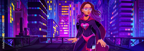 Superwoman on modern city background. Vector cartoon illustration of female hero character wearing face mask and red cloak, beautiful super girl standing on roof, futuristic illuminated cityscape