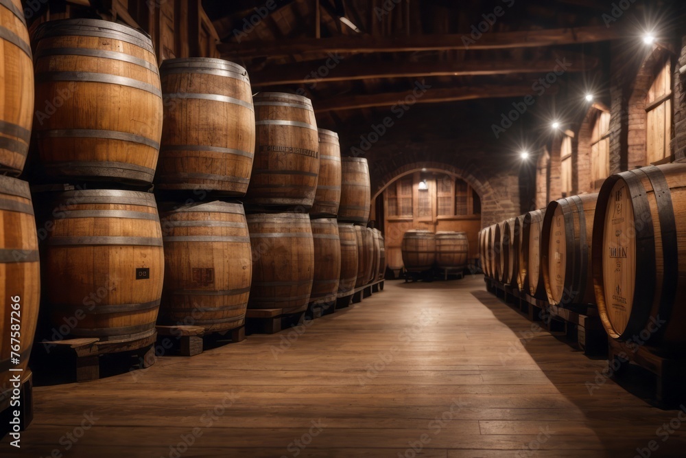 Oak barrels for beer fermentation in rural warehouse brewery