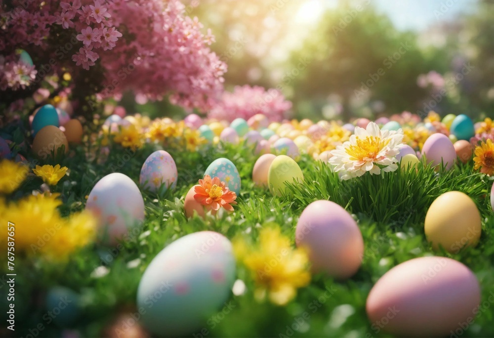 pink and white eggs in grass, yellow flowers, blurred background, Easter