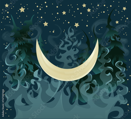 Fantasy vector illustration with moon, magic forest and smoke in the darkness against background with night sky and stars, cartoon flat design art 