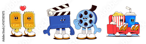 Movie and cinema cartoon character mascot with faces, legs and arms. Cute toon retro groovy style personage of in love two tickets, clapperboard and tape roll container, popcorn and soda on armchairs.