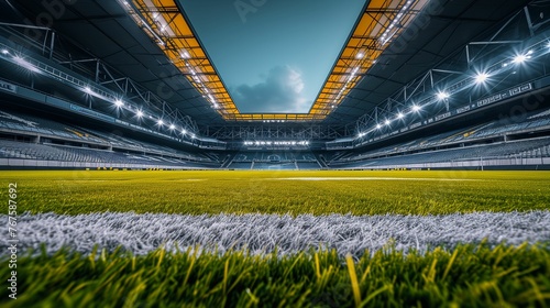 Empty Soccer Stadium With Grass and Lights