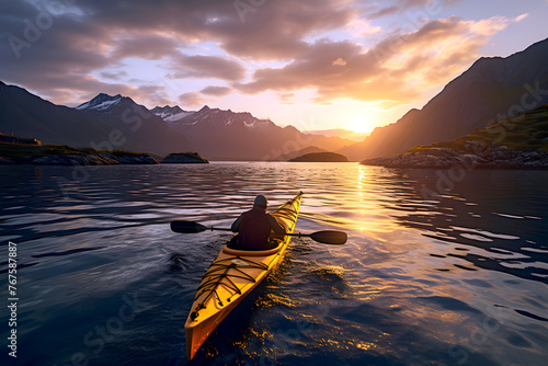 tourist floats on a yellow kayak along a river in the fjords of Norway. water sports and boat travel © photosaint