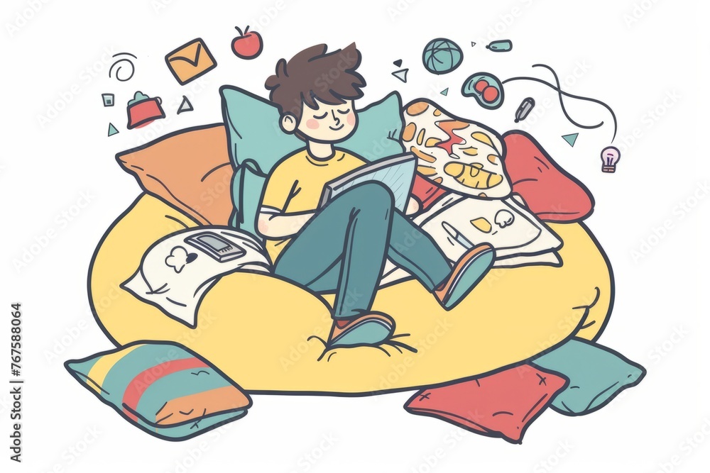 Cartoon cute doodles of a digital designer sketching ideas on a tablet while lounging in a cozy beanbag chair, surrounded by pillows and blankets, Generative AI