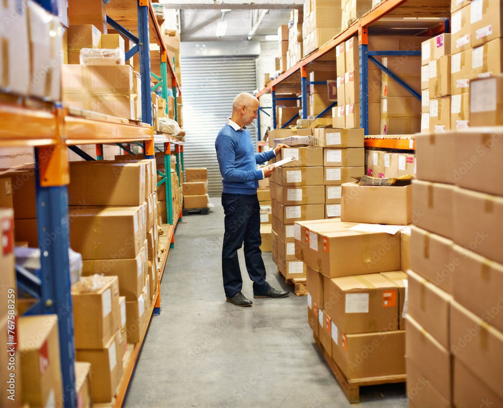 Businessman, clipboard and boxes in warehouse with inventory for quality control and freight distribution. Senior manager, wholesale supplier and stock checklist in logistics industry for inspection - obrazy, fototapety, plakaty 
