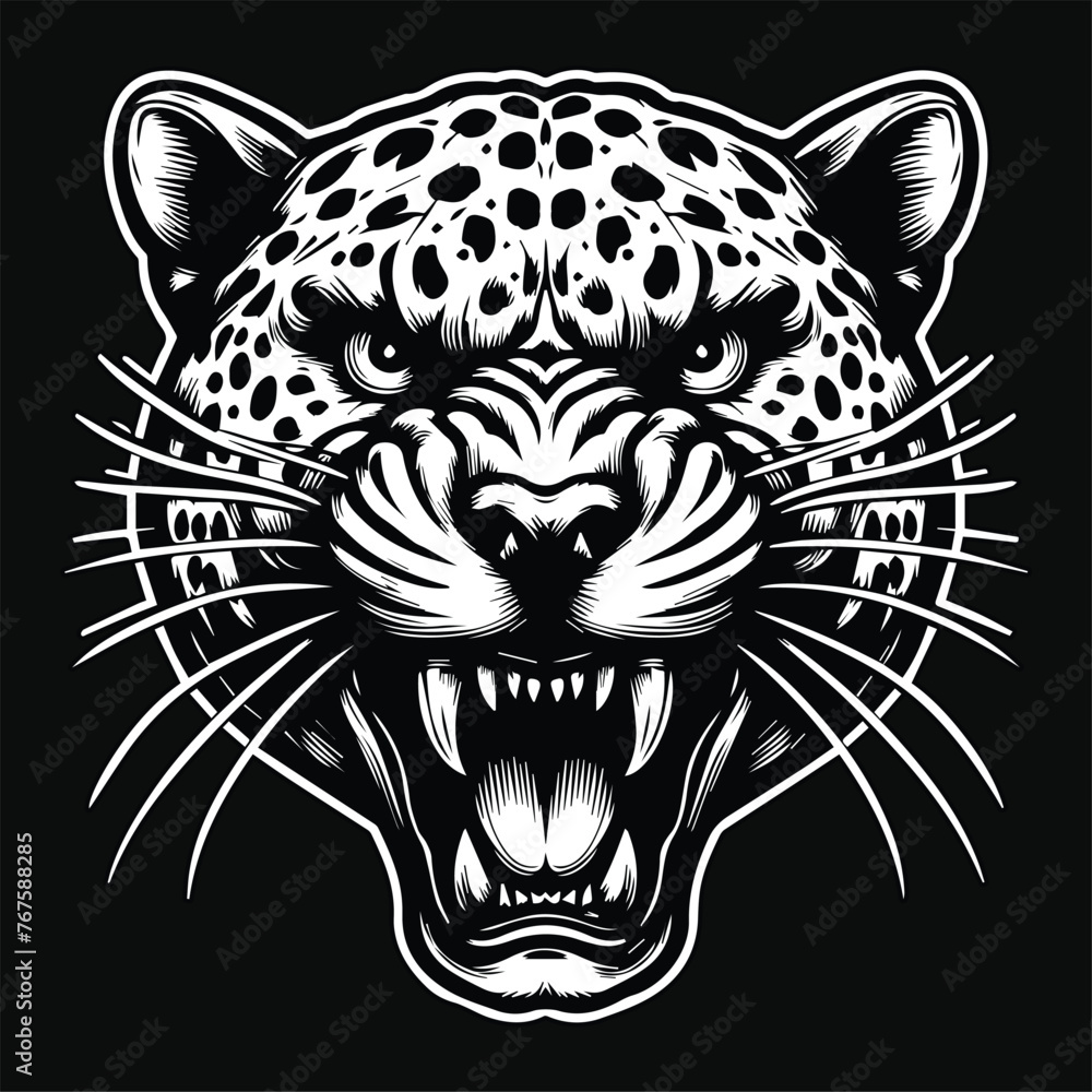 Dark Art Angry Beast Leopard Head Black and White Illustration